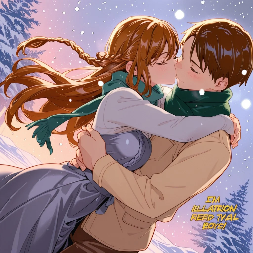 highres,ultra-detailed,illustration,colorful,masterpiece,extremely detailed,8k , manga art style , single panel , (1girl ,silver braided hair, flowing teal dress) , (1boy ,brown curls, ivory shirt, green scarf) , boy embraces girl gently from behind , winter , snowing , kisses neck , soft lighting