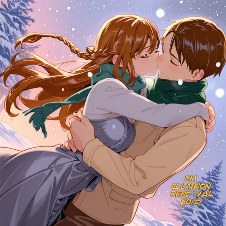 highres,ultra-detailed,illustration,colorful,masterpiece,extremely detailed,8k , manga art style , single panel , (1girl ,silver braided hair, flowing teal dress) , (1boy ,brown curls, ivory shirt, green scarf) , boy embraces girl gently from behind , winter , snowing , kisses neck , soft lighting