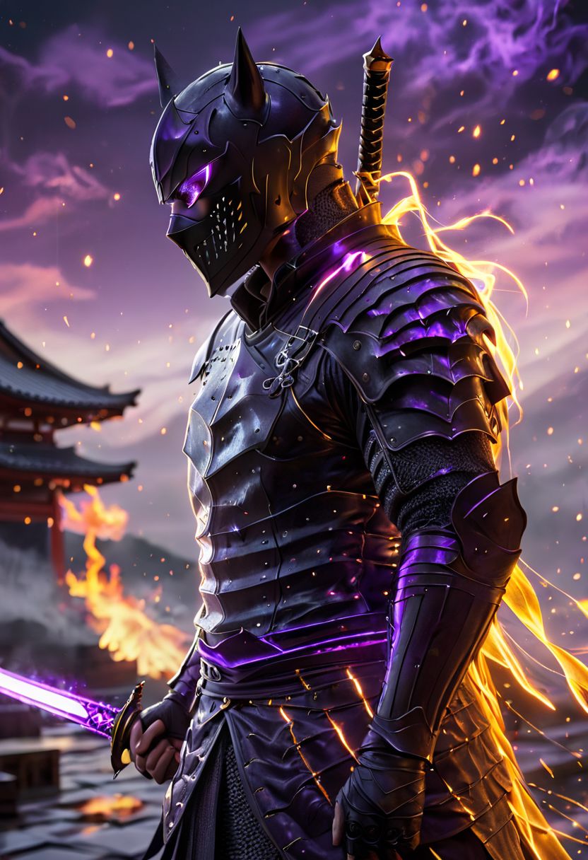 4k, oil painting, fantasy, digital art, highly detailed, overall detail, high resolution, best quality, perfect colors, perfect shadows, perfect lighting, atmospheric lighting, Awash in a haze of light leaks reminiscent of film photography, awesome background, highly detailed styling, intricate details, cinematic, 
final showdown super illustration extremely detail, story of the brave, false glory, supernatural existence,
dark sky, in the shadow, blood moon, moonlight, darkness of night fall, determined eyes, Glowing, wind breeze, dry leaves flying around, feel the last time, ninja, mask, from side, side view, folding arms, purple lava on every part of the body, sword behind his back, stylish pose, full body, standing on the pointy edge of the roof like a ninja, japanese kingdom,