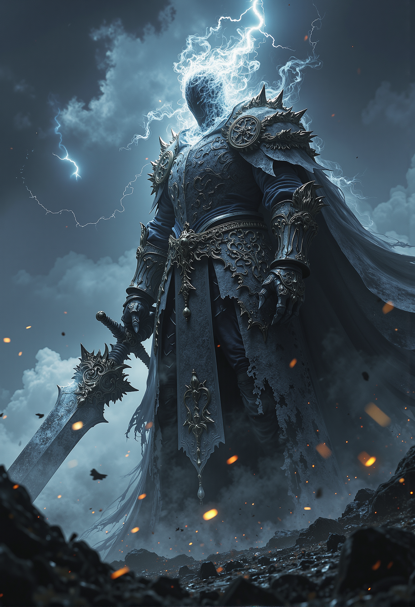 A dramatic low-angle shot capturing a headless ghostly knight in an effortlessly cool pose. The towering figure stands with confidence, its massive, spectral greatsword casually resting on one armored shoulder, exuding both menace and nonchalance. The knightâs ethereal armor shimmers faintly with ghostly light, intricate engravings glowing softly in the dim, eerie atmosphere. Wisps of mist curl around its neck where the head should be, hinting at supernatural energy. The backdrop is a desolate battlefield under a stormy sky, the knight silhouetted against flashes of lightning, enhancing its otherworldly aura and commanding presence. <lora:Elden_Ring_-_Yoshitaka_Amano.safetensors:0.9>,  <lora:black_fantasy.safetensors:0.5>,