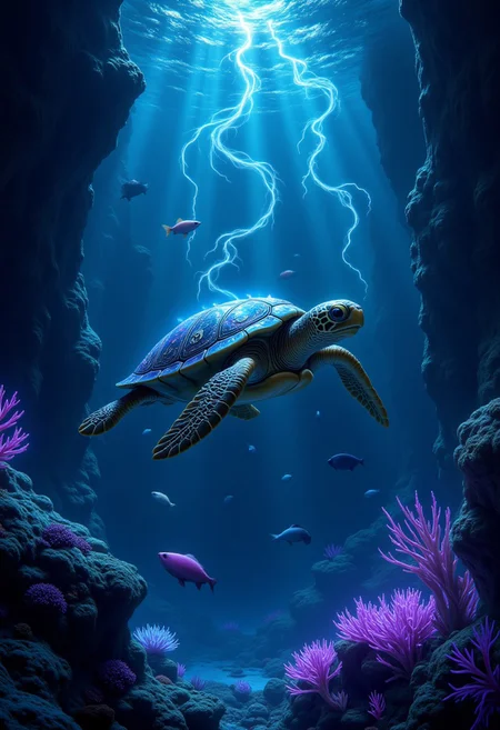 aidmaMJ6.1, aidmaimageupgrader, An extremely detailed, dark fantasy scene featuring a cute yet mysterious turtle swimming through an enchanted ocean. The water is deep and dark, with swirling currents of magical energy glowing faintly in vibrant, eerie hues—neon purples, deep blues, and glowing greens—casting an otherworldly light across the ocean depths. The turtle’s shell is beautifully detailed, but instead of natural patterns, it is adorned with shimmering arcane symbols and faintly pulsating runes, hinting at its magical nature. It glides effortlessly through the water, surrounded by magical water streams that swirl around it like living entities. Below, a fantastical coral reef stretches across the ocean floor, but unlike a typical reef, it’s composed of glowing, crystal-like formations and dark, bioluminescent plants that pulse with dark magic. The fish are replaced by shadowy, ethereal creatures that flicker in and out of existence, adding an eerie yet captivating feeling. Soft beams of mystical light pierce through the water from above, creating glowing trails as they interact with the turtle’s magical aura. The entire scene is infused with a sense of awe and wonder, filled with dark magic and surreal beauty, capturing both the charm of the turtle and the mysterious, magical world it inhabits.