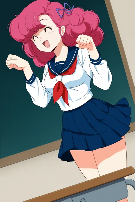 <lora:Ran_(1981):0.8> ran, pink eyes, curly hair, pink hair, medium breasts, retro artstyle, 1980s (style), hair ornament, ribbon, school uniform, serafuku, school, classroom, chalkboard, ^_^, paw pose, Dutch Angle, looking at nothing, (1girl:2, solo:2), masterpiece, best quality, very aesthetic, absurdres, amazing quality masterpiece, hyper-detailed, (8k uhd::1.4), intense atmosphere, detailed clothing, dramatic lighting, (perfect hands), detailed face,