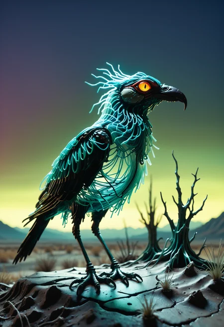 <lora:World_of_Filaments:0.8> made of, tiny neon (glass:1.1) filaments, w0f1l, background setting of post_apocalyptic landscape (at night:1.2), monster-like bird, subsurface scattering, Photorealistic, Hyperrealistic, analog style, realistic, film photography, soft lighting, heavy shadow