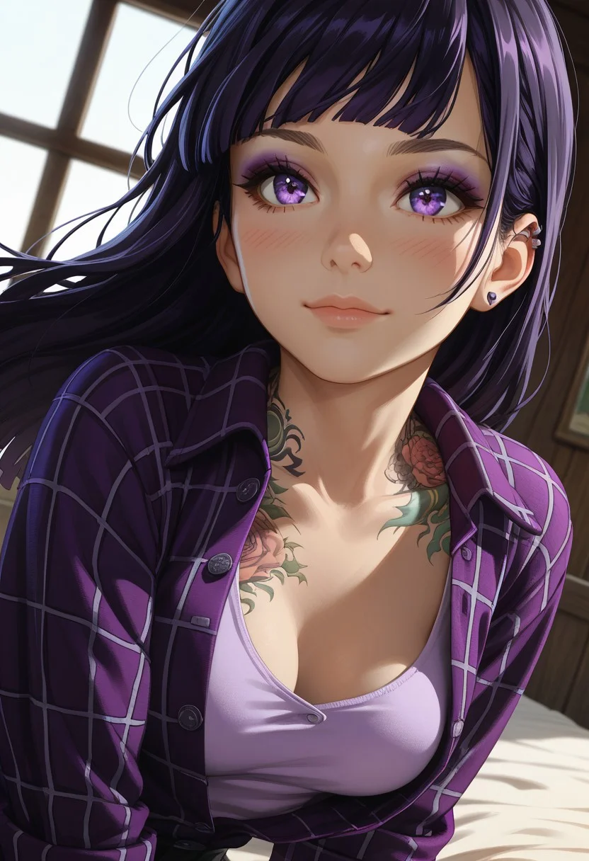 (score_9, score_8_up, score_7_up), 
(dutch angle, upper body:1.4),
1girl, solo, black hair, detailed eyes, purple eyes, long hair,  straight bangs, medium breasts, (goth, wide hips:1.1),  eyeshadow, briefs shorts,  hime cut, (rolled up sleeves:1.2), sunset, BREAK,
(tattoo, tattooed arm, flannel shirt, unbuttoned, purple shirt, white tanktop:1.2), window, indoors, farm, blush, wind, windy hair, leaning forward, (face focus,  close-up:1.4), (smile:0.8), looking away,, bedroom, on bed