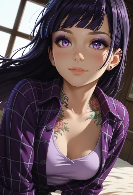 (score_9, score_8_up, score_7_up), 
(dutch angle, upper body:1.4),
1girl, solo, black hair, detailed eyes, purple eyes, long hair,  straight bangs, medium breasts, (goth, wide hips:1.1),  eyeshadow, briefs shorts,  hime cut, (rolled up sleeves:1.2), sunset, BREAK,
(tattoo, tattooed arm, flannel shirt, unbuttoned, purple shirt, white tanktop:1.2), window, indoors, farm, blush, wind, windy hair, leaning forward, (face focus,  close-up:1.4), (smile:0.8), looking away,, bedroom, on bed