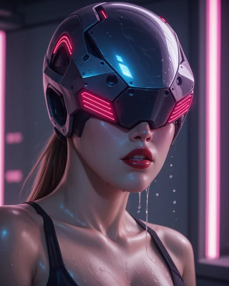 score_9, score_8_up, score_7_up, best quality, high detail, realistic, cyberpunk  science fiction BREAK 1girl, stdt001, helmet, ([covered eyes|vr headset]:1.0), reij-ca, purple neon grading, large breasts, blue accents, head back, head tilt, cowboy shot, wet, neon background, angular, parted lips, red lipstick <lora:visormask_spda-000004:1.0> <lora:reij-ca:0.5> <lora:cfg_scale_boost:0.3>