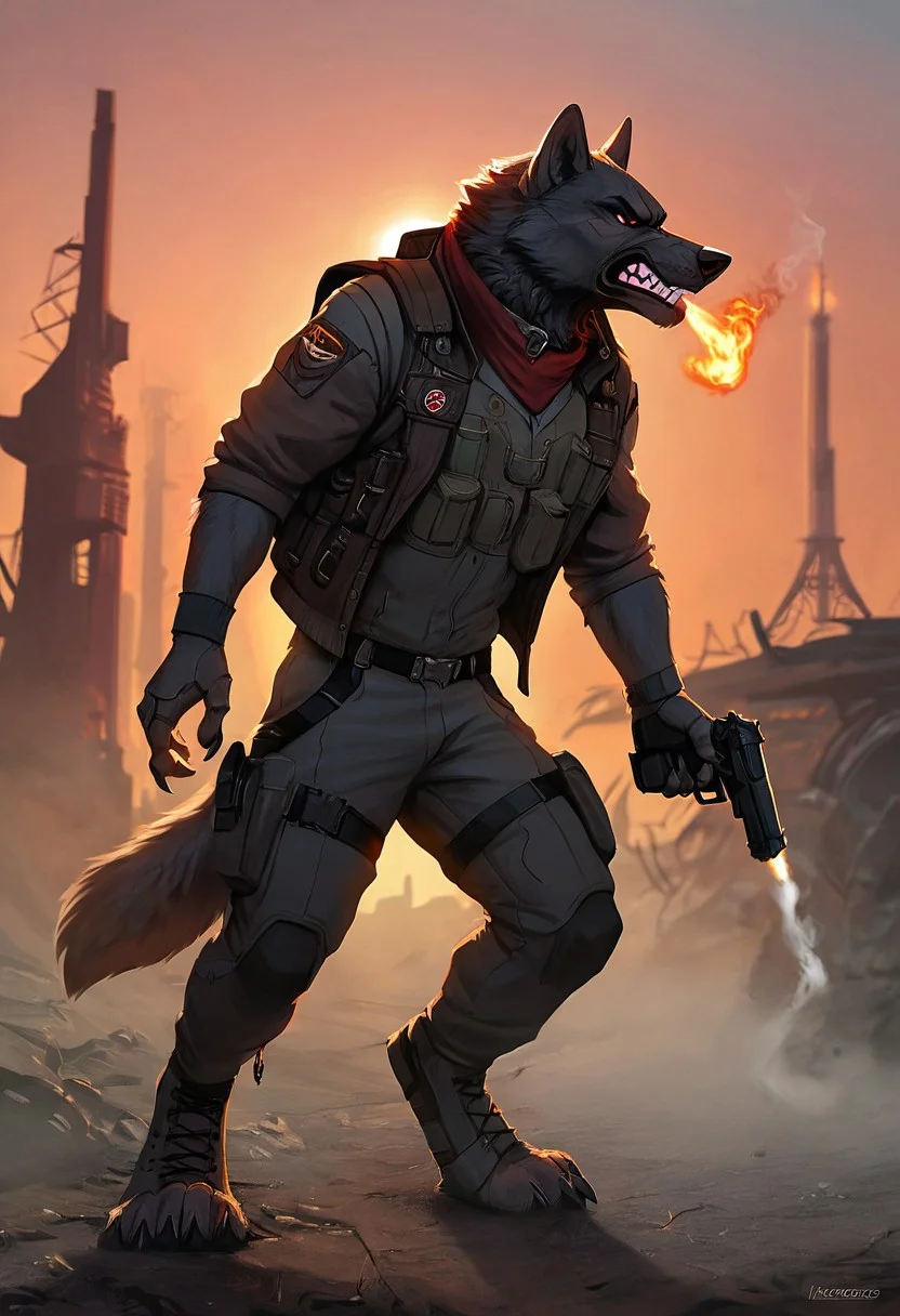 tank in background, male, solo, (anthro, (furry), wolf, black fur) stylized artwork, techwear, futuristic technology, dynamic, helmet, vest, cyberpunk, full body, dynamic lighting, radio tower, (handgun, sci-fi pistol, shooting gun, muzzle flash),
cybernetic enhancements, masterpiece, absurd quality, Sinozick, dark aesthetic, Warzone, destroyed city, fire, smoke, red sky, metal claws, huge claws, sharp teeth, angry,
(ray tracing, photo realistic, good shadows, score_9, score_8_up, score_7_up),