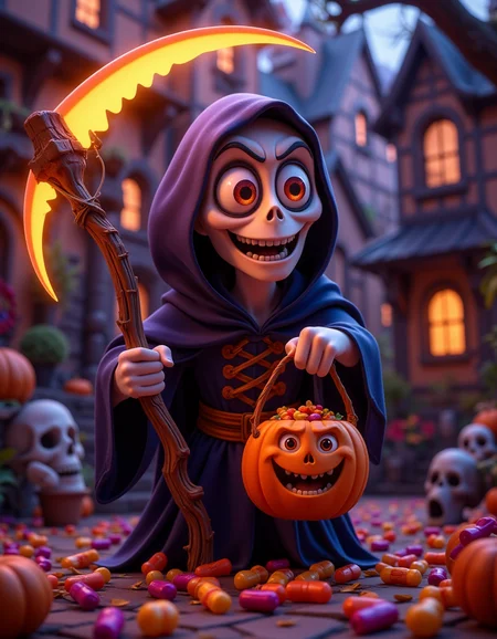 A small, cute Grim Reaper with oversized eyes and a glowing scythe, holding a candy bucket. The reaper has a friendly smile, creating a playful but creepy effect. Cute and spooky Halloween theme, 4K.
<lora:Cute_3d_Cartoon_Flux:0.6>