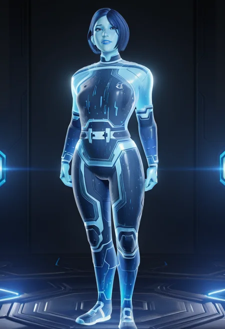 <lora:The_Weapon:1> the_weapon, the_weapon_outfit, Blue_skin, glowing_skin, holographic_body, short_hair, 3d, full body, looking at viewer