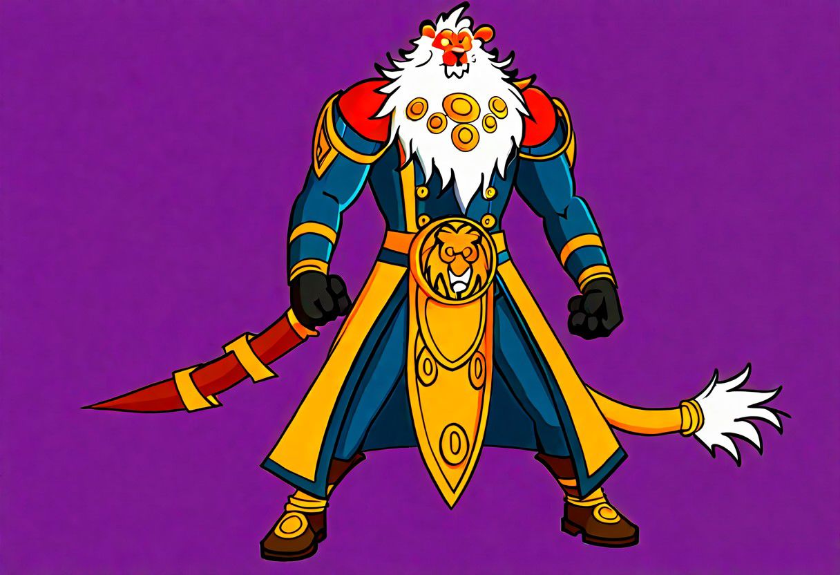 solo, male, furry, bara, lion face, lion tail, long white hair, long white Beard, Jewlery, long coat, rings, coat buttons, armor, pants, metal boots, crest belt, brown leather gloves, solderless sleeves red lion fur, red fur, red eyes, pointy hair, stern eyes, grin, sharp teeth