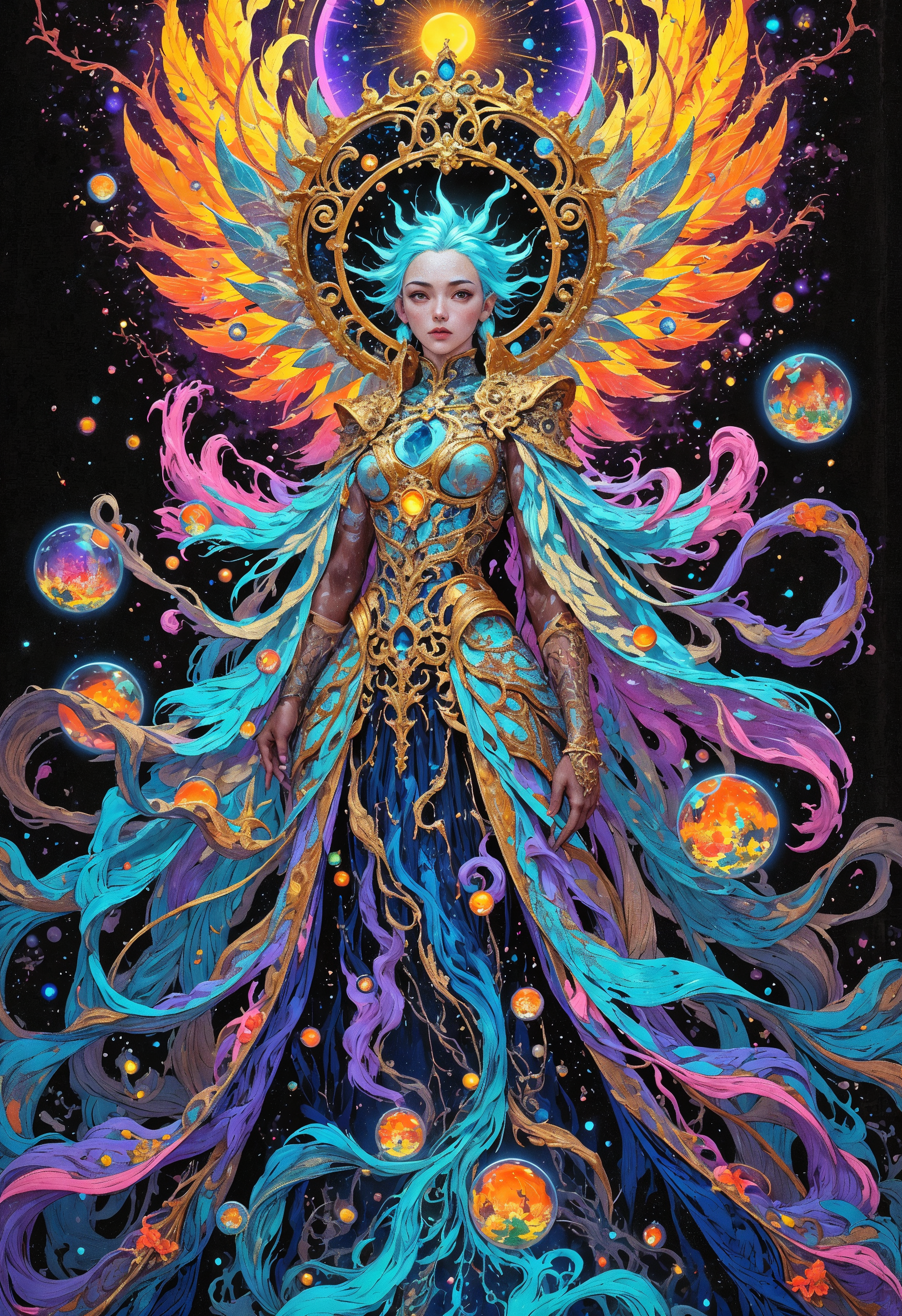 (in Otomo Katsuhiro style:1.2), masterpiece, high-quality, A regal figure adorned in robes resembling flowing glass that refract light into colorful rainbows around her, Shes surrounded by floating orb-like celestial bodies that pulse in time with her heartbeat, each containing fragments of vivid landscapes, Her presence evokes a divine yet fragile energy, glass rainbow, celestial orbs, divine fragility, (Stylized art nouveau-inspired with intricate luminous details and organic shapes:1.1), (elaborate fine details:1.1), (hyperdetailed:1.1), (intricate details:1.0), (Refined details:1.1), (best quality:1.1), (high resolution:1.2), <lora:FLUX\Anime v1.3:0.6> <lora:FLUX\VividlyReal:0.6> <lora:FLUX\FLUX-daubrez-DB4RZ:0.4>