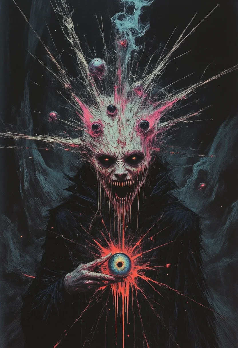 A surreal and nightmarish scene of a crazed girl with multiple glowing eyes scattered unnaturally across her face and body, each eye pulsating with vivid neon colors of electric blue, fiery pink, and venomous red. She stands in the eerie glow of a dark fantasy environment, her twisted grin both mesmerizing and unsettling. Her outstretched hand offers a single, glowing eye directly to the viewer, its gaze piercing and alive, as if holding the essence of madness itself.
Her skin is pale and sickly, adorned with intricate, vein-like patterns that emit faint light. Strands of her wild, unkempt hair float weightlessly, glowing faintly in the dim atmosphere. The background is a swirling haze of fog and neon light particles, creating an ominous yet vibrant backdrop. Shards of light and shadow collide dynamically, casting intricate, jagged patterns around her, heightening the sense of chaos and insanity.
The composition is highly detailed, with every texture—her cracked fingernails, the faint scars on her face, and the glistening surface of the glowing eye she holds—rendered with exceptional clarity. Perfect shading and sharp focus bring depth to the scene, while the high-contrast lighting casts an otherworldly glow that accentuates her deranged expression. The atmosphere is thick with dread and surreal beauty, a masterpiece of dark fantasy that captures the essence of visionary madness and eerie allure.
,detailed textures, great lighting, best quality, masterpiece,close-up