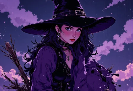 woman stands shrouded in witch's costume. Atop her head sits a triangular witch hat, tall and imposing with a wide brim that casts mysterious shadows across her face. The hat is midnight black with subtle purple shimmer woven into the fabric, adorned with a tarnished silver buckle and wispy dark feathers along its base.
A fitted bodice of deep violet velvet hugs her torso, laced tightly with black satin ribbons that criss-cross down her front. The sleeves billow dramatically from shoulder to wrist, where they taper to pointed cuffs embellished with intricate silver embroidery depicting arcane symbols. Her floor-length skirt flows in layers of tattered black silk and sheer mesh, revealing glimpses of striped stockings and knee-high boots with pointed toes and silver buckles. Around her shoulders drapes a frayed cape that appears to move with a life of its own, its edges dissolving into wisps of shadow. Her neck is adorned with multiple silver necklaces bearing strange pendants and crystals. Most striking is her face – undeniably beautiful with high cheekbones, porcelain skin, and mesmerizing eyes that seem to shift between emerald and violet. Yet her beauty is twisted by an unsettling smile that stretches too wide across her face, in a grimace of sadistic pleasure. Her cold eyes only calculated malice and a predatory glint that suggests she's enjoying thoughts no sane person would entertain.anime,
full body, sitting on a horizontal flying broom, bending knee