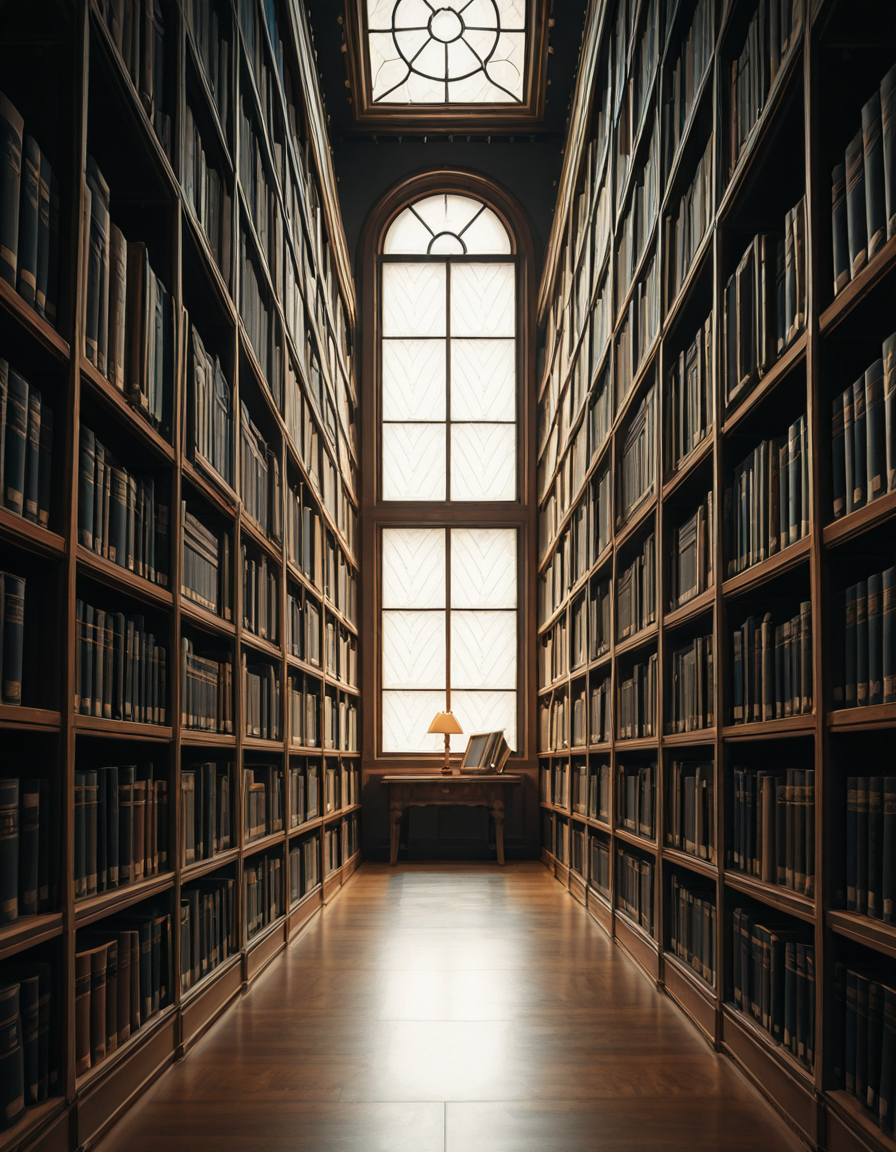 A quiet and dimly lit aisle in a grand university library, lined with tall wooden bookshelves filled with countless books of various sizes and colors. The shelves stretch high, nearly reaching the ceiling, with small ladders placed along the aisle for access to the upper rows. The soft glow of overhead lights casts a warm ambiance, illuminating the dust particles floating in the air. The floor is covered in polished hardwood or a subtle-patterned carpet, absorbing the quiet footsteps of visitors. At the far end of the aisle, a large window lets in a gentle stream of natural light, creating a contrast between the warm artificial glow and the cool daylight. Some books are slightly pulled out from the shelves, and a few are stacked on a nearby wooden table, suggesting recent use. The atmosphere is serene and intellectual, evoking a sense of knowledge, discovery, and timeless academia. The composition is symmetrical, drawing the eye down the center of the aisle, creating depth and perspective.
<lora:SDXLFaeTastic2400:0.4> <lora:extremely_detailed:0.4> extremely detailed, <lora:University_Library_41sl3-ill:1>,University Library 41sl3, Masterpiece,best quality,hi res,8k,hi res,8k,award winning,(sharp focus, intricate, highly detailed),