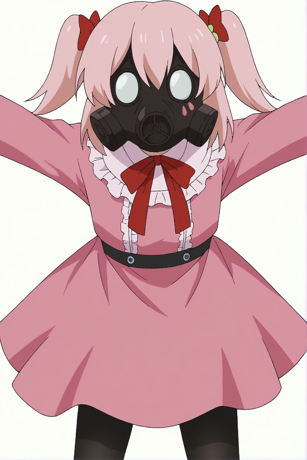 <lora:Pink:0.8>, white background, Pink, upper body, gas mask, outstretched arms, pink dress, dress, bow, pantyhose