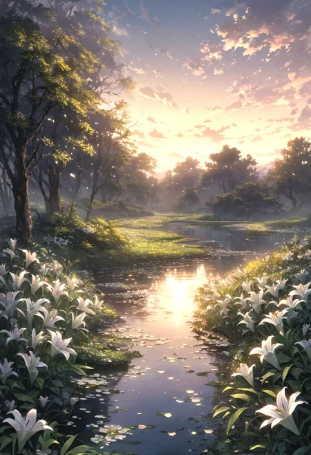 detailed background,( Calm spring night landscape), amongst lush greenery, beautiful view, lily flower in full bloom, lily flower, early morning, sunrise sky, beautiful clouds, dappled sunlight, beautiful, Tranquil Lake, Walkway, petals dancing in the wind, depth of field, masterpiece, best quality, ultra-detailed, very aesthetic, illustration, perfect composition, intricate details, absurdres, moody lighting, wisps of light, no humans,
