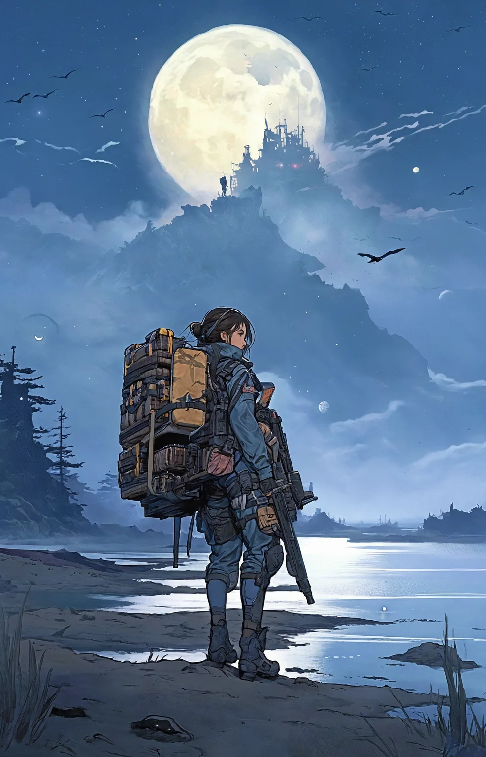 a lovely fascinated girl carries a sizable cargo while wielding a firearm, encapsulating the game's unique blend of isolation and combat., a vast, A moonlit lake, with fog rolling over the water and mysterious shapes beneath the surface sky ,moon just appeared ,Command base in background, a girl wearing with armor,weapon, headgear,motocycle   bpk, backpacker, <lora:BPKXLV1-000003:0.8>