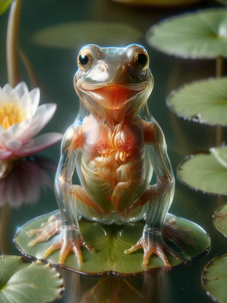 <lora:tranzp:1.7> tranzp style, tree frog with transparent glass skin sitting on a lilly pad in a lake outdoors, tilt-shift photography, intense detail