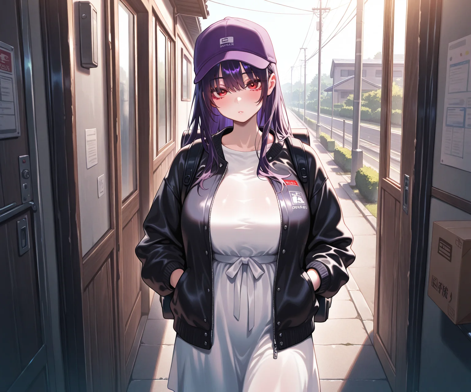 masterpiece, best quality, amazing quality, 1girl, solo, purple hat, long hair, dark purple hair, red eyes, backpack, white dress, black jacket, looking at viewer, tall female ,delivery, <lora:Kakuchou no Okina style ILL-v2:1> kakuchounookina