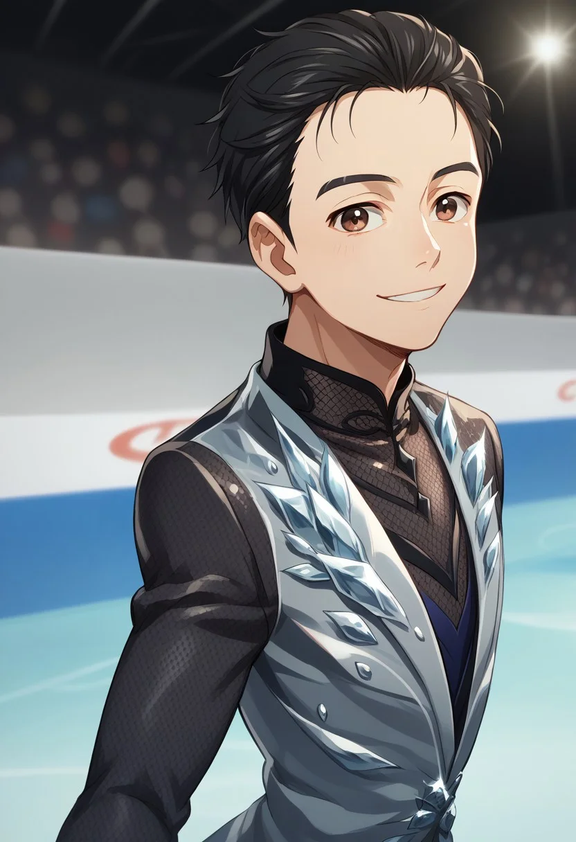 score_8_up, score_7_up, source_anime, highly detailed,
yurikatsuki, 1boy, skates, male focus, black hair, hair slicked back, smile,
brown eyes, solo, upper body, ice-skating uniform, ice rink,