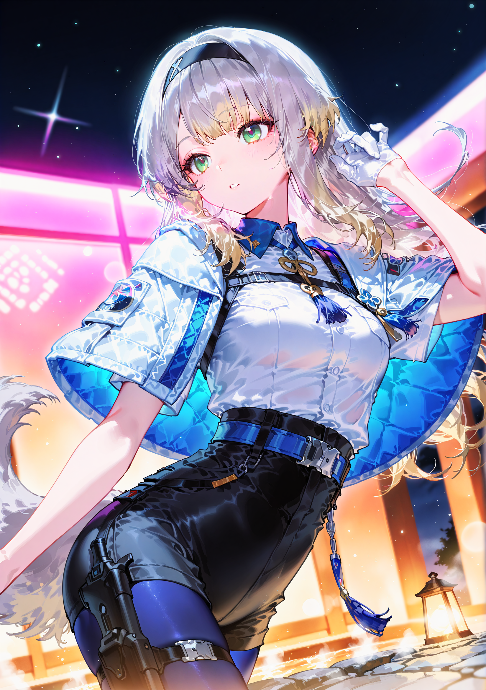 zPDXL3 Real score_9, score_8_up, score_7_up, score_6_up source_anime, highly detailed, sharp, intricate details, rating_safe rating_sensitive, rating_explicit, masterpiece, best quality, good quality, bright eyes light particles lens flare amazing quality, very aesthetic, very awa, absurdres, newest,
<lora:yoneyamaiXLNBVP1lokrV6311PZ:0.5>, <lora:nyaliaXLillokrV531:0.5>
<lora:nhl-001:0.4> nhl-001 film grain multicolored background  <lora:ponyv4_noob1_2_adamW:0.4>
medium breasts, dynamic pose, dynamic angle,
optical illusion, ssambatea, quasarcake, Fishine, arutera, soresaki, reoen, sanbonzakura, askzy, negative space, see-through, made of, neon light, detailed background,
onsen.
niji-ruri, green eyes,multicolored eyes,gray hair,blonde hair,multicolored hair,gradient hair,dog tail,gray tail,long hair,sidelocks,black hairband,
niji-ruricos1,white shirt,short sleeves,blue neck tassel,harness,blue belt,holster,bottom belt,hip holster,high-waist shorts,tight shorts,black shorts,white gloves,half gloves,blue pantyhose,pantyhose under shorts,thigh strap,
poncho jacket,white capelet,
 <lora:niji-ruri:0.7>