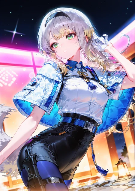 zPDXL3 Real score_9, score_8_up, score_7_up, score_6_up source_anime, highly detailed, sharp, intricate details, rating_safe rating_sensitive, rating_explicit, masterpiece, best quality, good quality, bright eyes light particles lens flare amazing quality, very aesthetic, very awa, absurdres, newest,
<lora:yoneyamaiXLNBVP1lokrV6311PZ:0.5>, <lora:nyaliaXLillokrV531:0.5>
<lora:nhl-001:0.4> nhl-001 film grain multicolored background <lora:ponyv4_noob1_2_adamW:0.4>
medium breasts, dynamic pose, dynamic angle,
optical illusion, ssambatea, quasarcake, Fishine, arutera, soresaki, reoen, sanbonzakura, askzy, negative space, see-through, made of, neon light, detailed background,
onsen.
niji-ruri, green eyes,multicolored eyes,gray hair,blonde hair,multicolored hair,gradient hair,dog tail,gray tail,long hair,sidelocks,black hairband,
niji-ruricos1,white shirt,short sleeves,blue neck tassel,harness,blue belt,holster,bottom belt,hip holster,high-waist shorts,tight shorts,black shorts,white gloves,half gloves,blue pantyhose,pantyhose under shorts,thigh strap,
poncho jacket,white capelet,
<lora:niji-ruri:0.7>