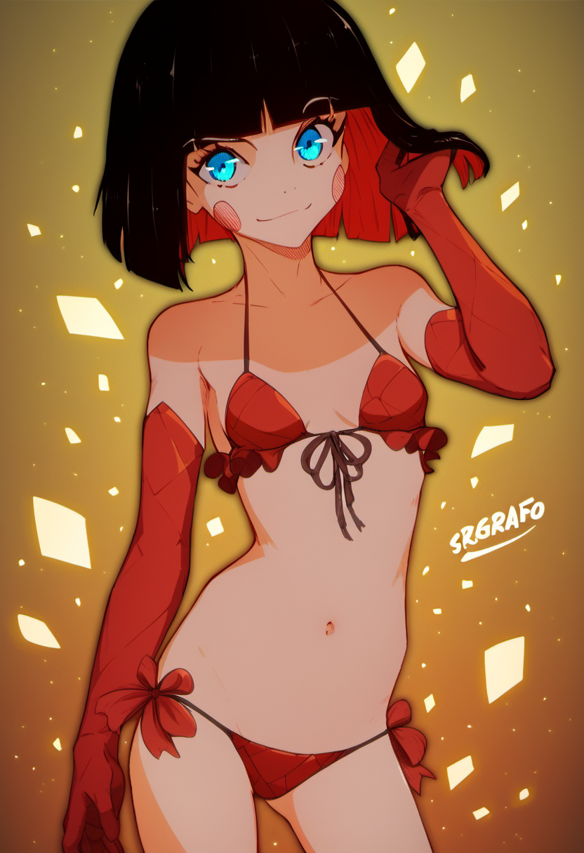<lora:Chloe_srgrafo_for_PonyXL:1>, chloe (srgrafo), 1girl, solo, breasts, navel, short hair, smile, small breasts, swimsuit, bikini, looking at viewer, bangs, bob cut, blunt bangs, red bikini, gloves, elbow gloves, bare shoulders, cowboy shot, multicolored hair, score_9, score_8_up, score_7_up, score_6_up, score_5_up, score_4_up