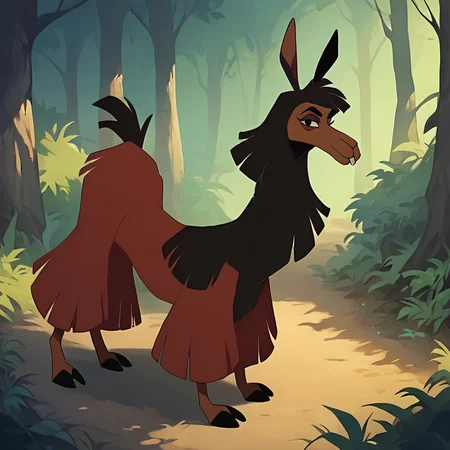 score_9, score_8_up, score_7_up, BREAK <lora:llamas:0.9> kuzcollama, llama, feral, animal focus, looking at viewer, forest, red fur, black fur, two-tone fur,