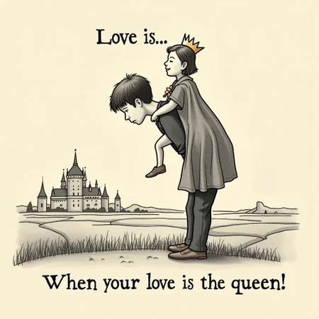 inserts in chewing gum, minimalist drawing style of 1980, a sad boy bent over carries on his shoulders a girl with a royal crown, a cloak, a smile on her whole face, (above the inscription: "Love is.."), (large text at the bottom: "When your love is the queen!") background fields, river, royal castle.