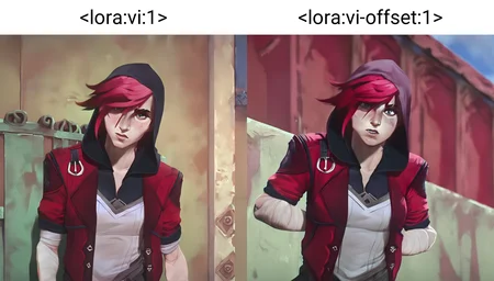 arcane, vi, red hair, light blue eyes, freckles, nose piercing, face tattoo, upper body, vi (league of legends), eyebrow scar, bandaged arms, arm tattoo, red jacket, leaning on wall, hood up  <lora:vi:1>
