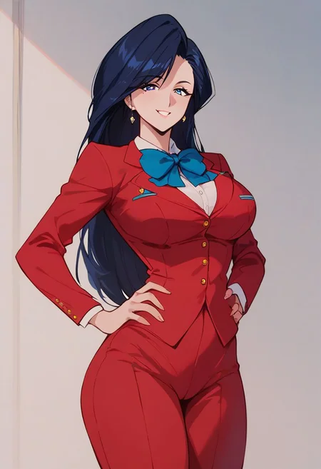 score_9, score_8_up, score_7_up, ASCII masterpiece, source_anime, BREAK, 1girl, solo, long hair, (( <lora:mari_ooaya:1> , mari_ooaya, normal waist, wide hips, beautiful skin, beautiful black hair, beautiful dark blue hair, clear eyes, piercing dark blue eyes, bright pupils, beautiful eyes, huge and shaggy breast, beauty, extraordinary beautiful woman, attractive woman, super sexy woman, lustful body, sexy woman with seductive obscene body, sensual body, voluptuous body, ) , red teacher suit, red teacher uniform, sexy pose, cowboy shot, smile, sexy, hands on hips,