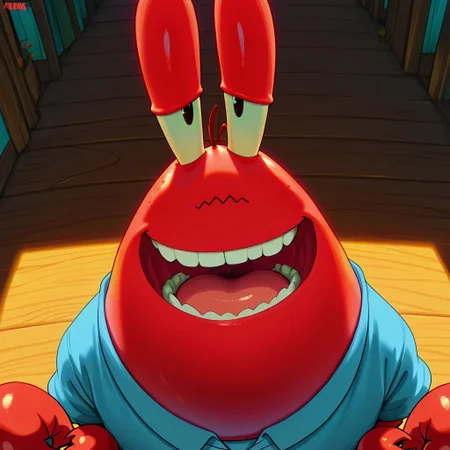 masterpiece, best quality, amazing quality, Mr_krabs, red skin, claws, blue shirt, smiling, grin, Male, teeth, detailed teeth, good shading, face focus, looking at viewer, open mouth