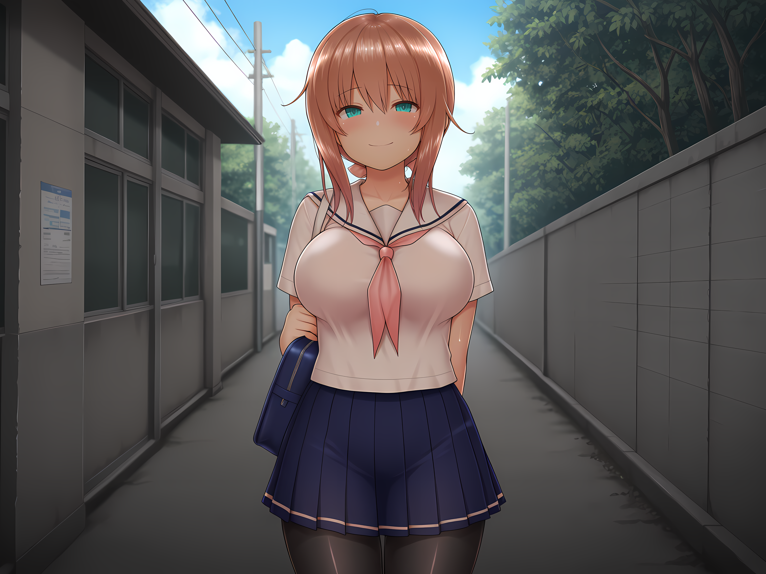 1girl,smile,Amane,school outfit,long hair,large breasts,outdoors,<lora:Celesphonia_and_Selenoxia:0.8>,, masterpiece,best quality,amazing quality,