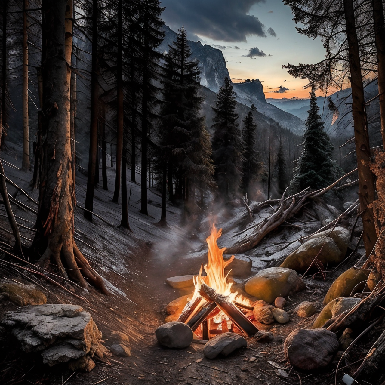 RAW photo, (masterpiece:1.3), subsurface scattering, heavy shadow, (high quality:1.4), (intricate, high detail:1.2), professional photography, HDR, High Dynamic Range, realistic, ultra realistic, photorealistic, high resolution, film photography, ambient lighting, atmospheric effects, <lora:detail_slider_v4:2>, OverallDetail,  <lora:Campsite:1>, campfire, campsite, cloud, day, fire, forest, mountain, nature, outdoors, river, rock, scenery, tree
