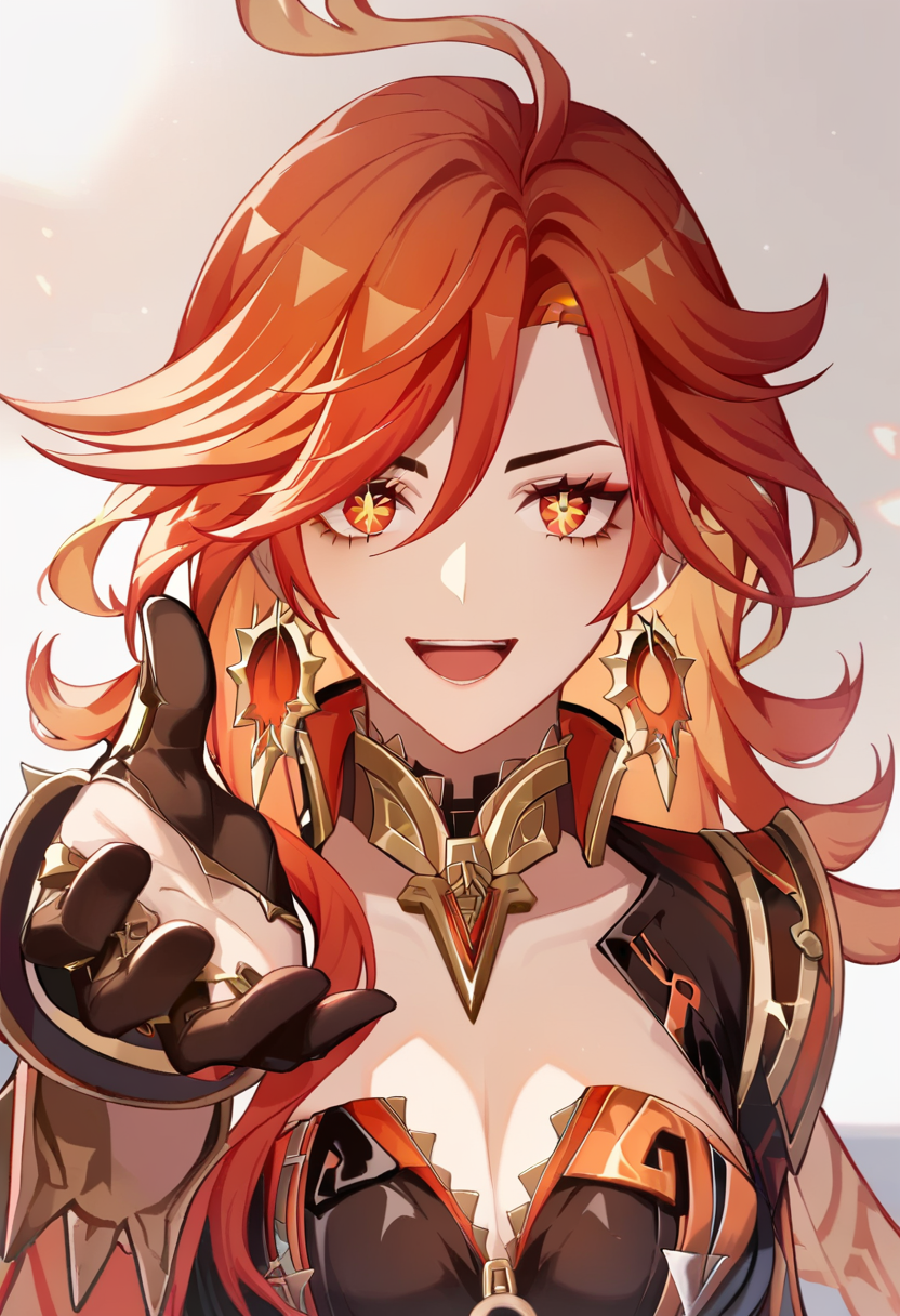 score_9,score_8_up,score_7_up,<lora:mavuika_(genshin_impact)_pony:1>,1girl,earrings,upper_body,smile,mavuika_(genshin_impact),shoulder_armor,medium_breasts,open_mouth,cleavage,black_gloves,solo,looking_at_viewer,reaching_towards_viewer,