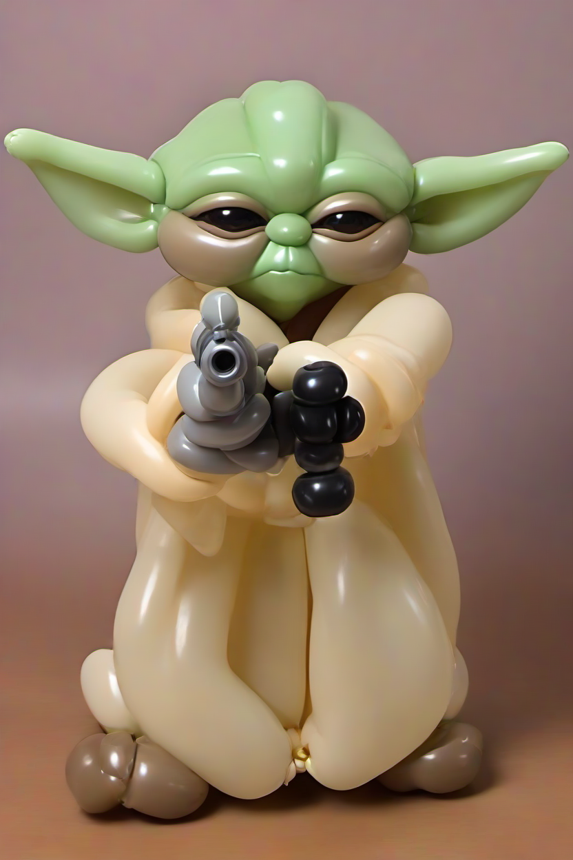 <lora:PE_BalloonStyle:1> PEBalloonStyle,
 <lora:PE_BabyYoda:0.2> PEBabyYoda,
pointing a gun at viewer
