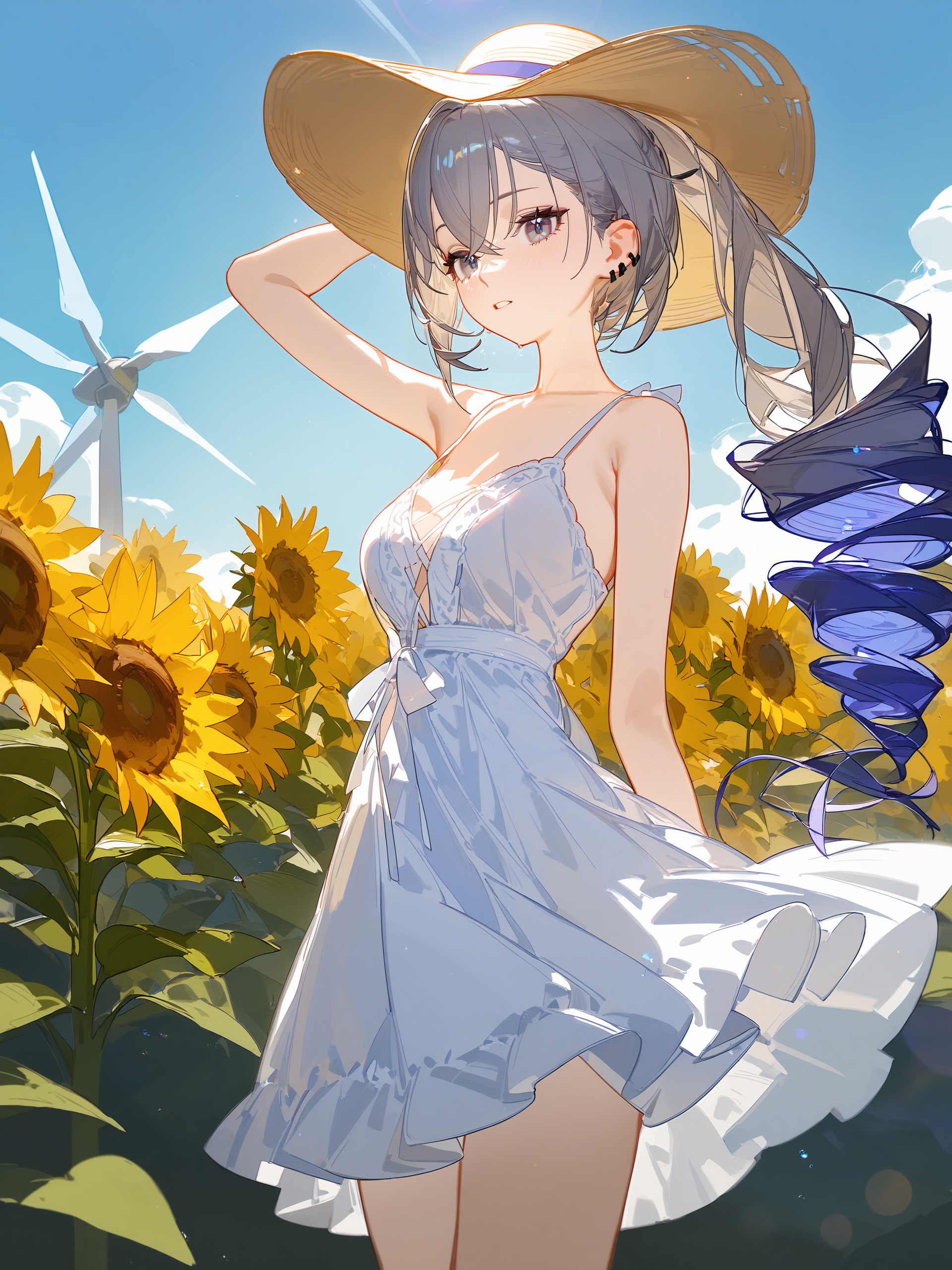 1girl, silver wolf \(honkai: star rail\),drill ponytail, (white dress, sundress, chemise:1.2), floating hair, adjusting hair, sunflower, outdoor, wind turbine, happy, sun hat, depth of field <lora:Char-HonkaiSR-SilverWolf-V4-SDXL:0.9>, illustration, incredibly absurdres, ultra detailed, masterpiece, best quality, perfect features, intricate details, ray tracing, very aesthetic, (hitenkei, askzy:0.4), [<lora:XL-detailed_notrigger:0.95>::0.5], [:<lora:XL-aesthetic_anime:1.2>:0.5],