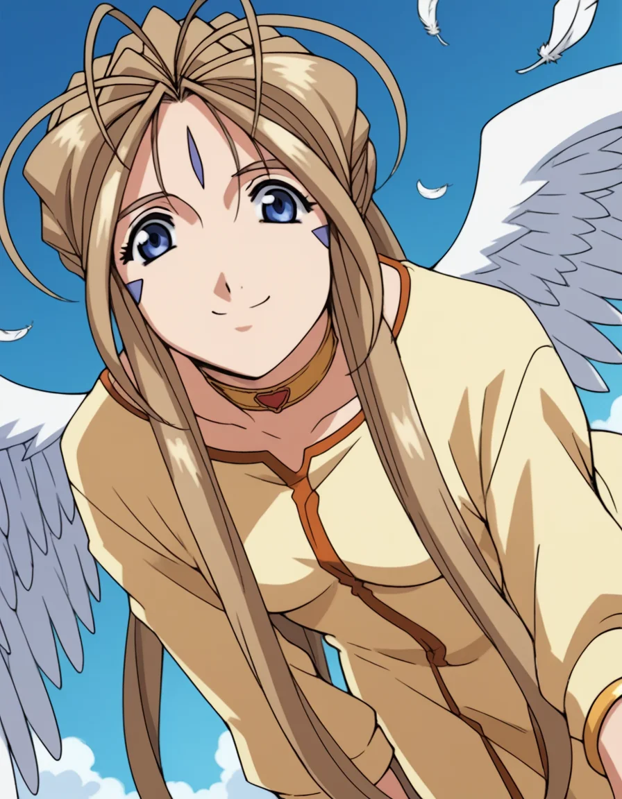 score_9, score_8_up, score_7_up, source_anime,
belldandy, <lora:belldandy-s2-ponyxl-lora-nochekaiser:1>,
belldandy, long hair, blue eyes, brown hair, facial mark, forehead mark,
gloves, wings, choker, fingerless gloves, bracelet, ring, feathers, angel wings,
sky, blue sky, clouds, bent over, smile,
cowboy shot, solo, dutch angle, looking at viewer,