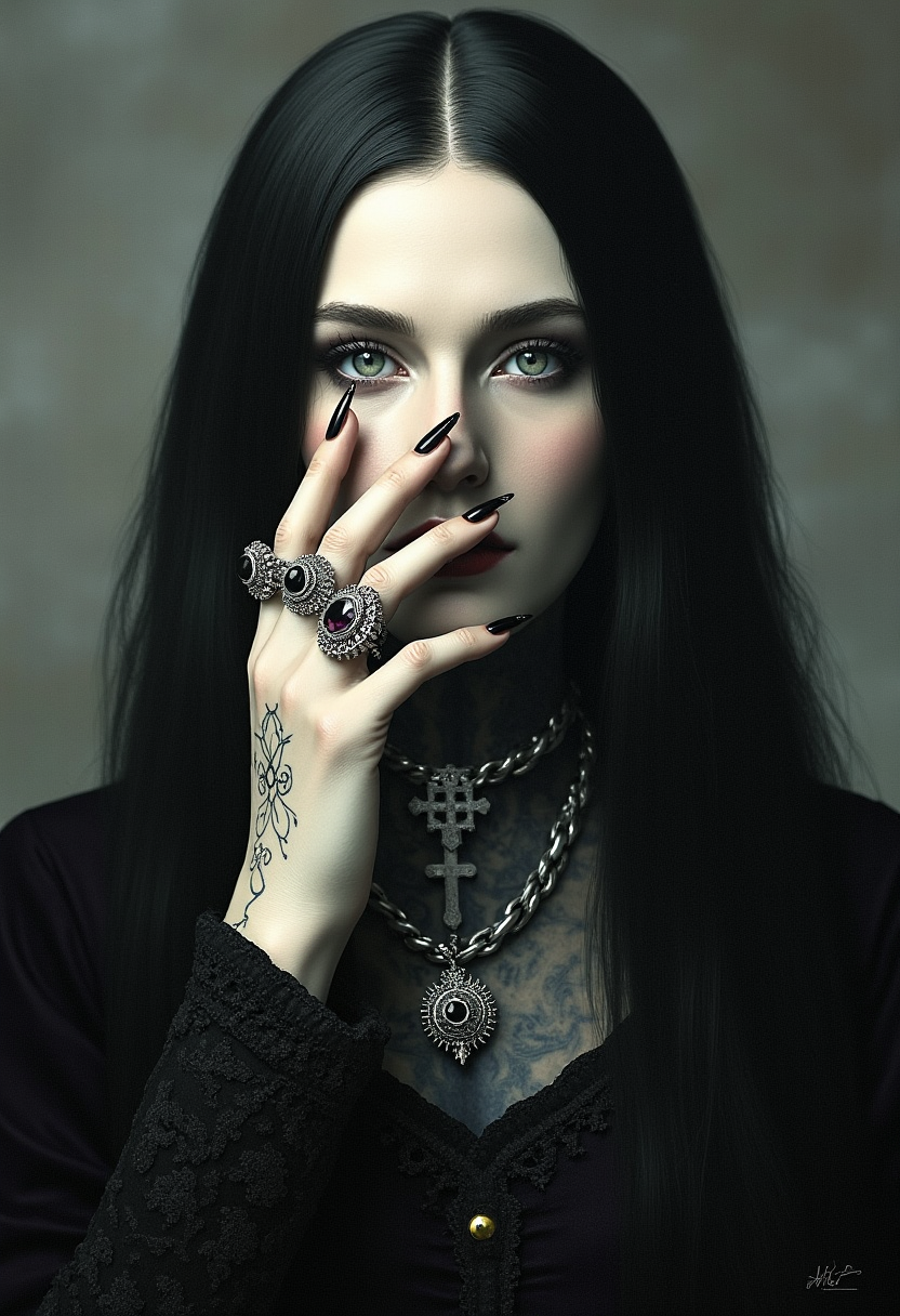 yfg-magritte The photo depicts a powerful gothic sorceress, her face partially hidden by her elegantly adorned hand. She has pale, slender fingers, on which several silver magical rings, set with dark gemstones like onyx and amethyst, glimmer. Her hand is decorated with mysterious tattoos that seem to pulse with a dark energy.She wears a gothic ensemble, a black velvet dress richly embroidered with occult patterns. Her long black hair frames her pale face, and her eyes, accentuated with dark makeup, shine with an intense light. Large silver necklaces, with pendants shaped like crosses and ancient symbols, rest on her chest. The background is misty, with shadows dancing around her, enhancing the mystical and sinister atmosphere of the scene,  (maximum ultra high definition image quality and rendering:3), maximum image detail, maximum realistic render, (((ultra realist style))), realist side lighting,  8K high definition,  realist soft lighting, (amazing special effect:3.5) (amazing transcendental's dream:3.5).