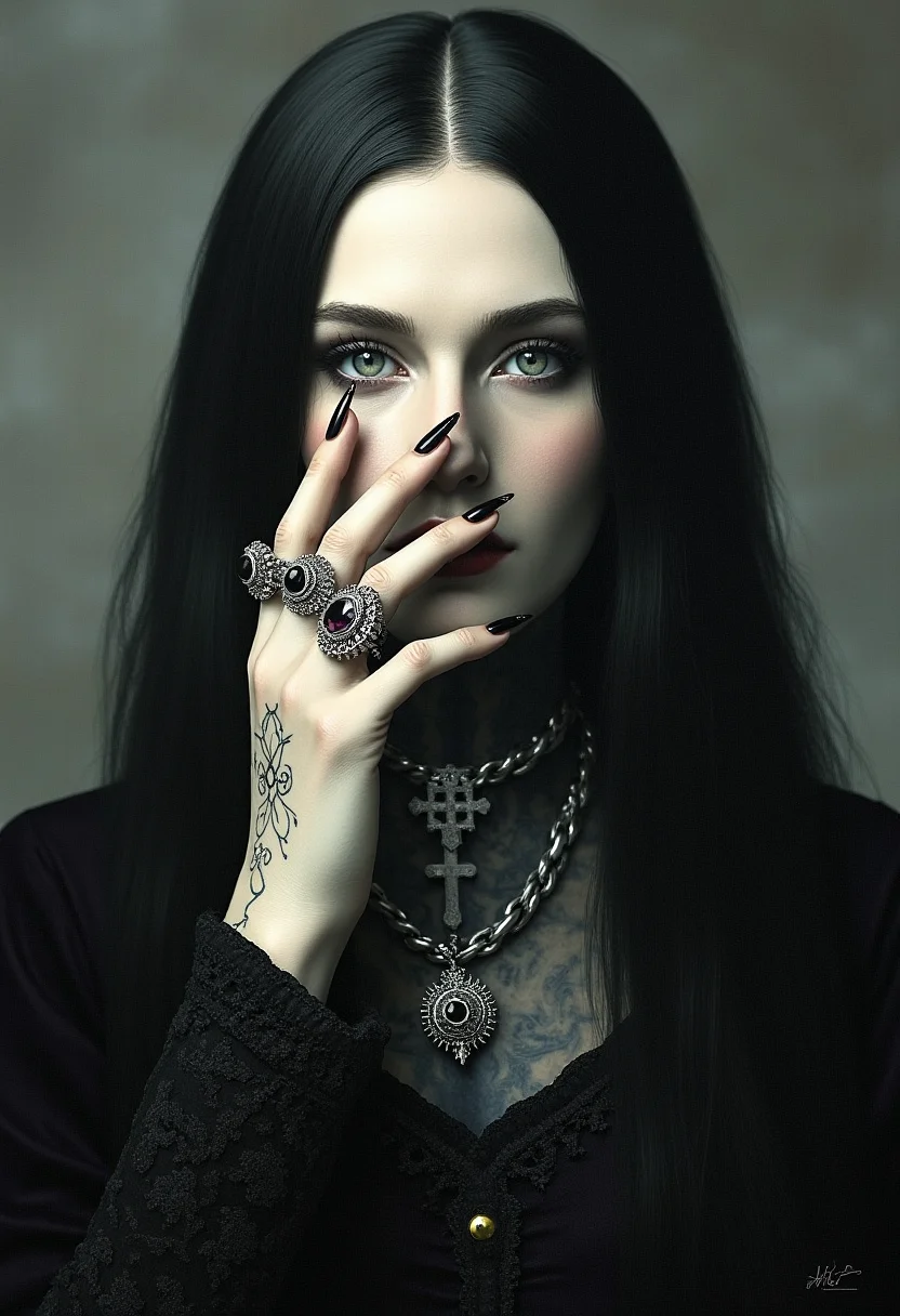 yfg-magritte The photo depicts a powerful gothic sorceress, her face partially hidden by her elegantly adorned hand. She has pale, slender fingers, on which several silver magical rings, set with dark gemstones like onyx and amethyst, glimmer. Her hand is decorated with mysterious tattoos that seem to pulse with a dark energy.She wears a gothic ensemble, a black velvet dress richly embroidered with occult patterns. Her long black hair frames her pale face, and her eyes, accentuated with dark makeup, shine with an intense light. Large silver necklaces, with pendants shaped like crosses and ancient symbols, rest on her chest. The background is misty, with shadows dancing around her, enhancing the mystical and sinister atmosphere of the scene, (maximum ultra high definition image quality and rendering:3), maximum image detail, maximum realistic render, (((ultra realist style))), realist side lighting, 8K high definition, realist soft lighting, (amazing special effect:3.5) (amazing transcendental's dream:3.5).