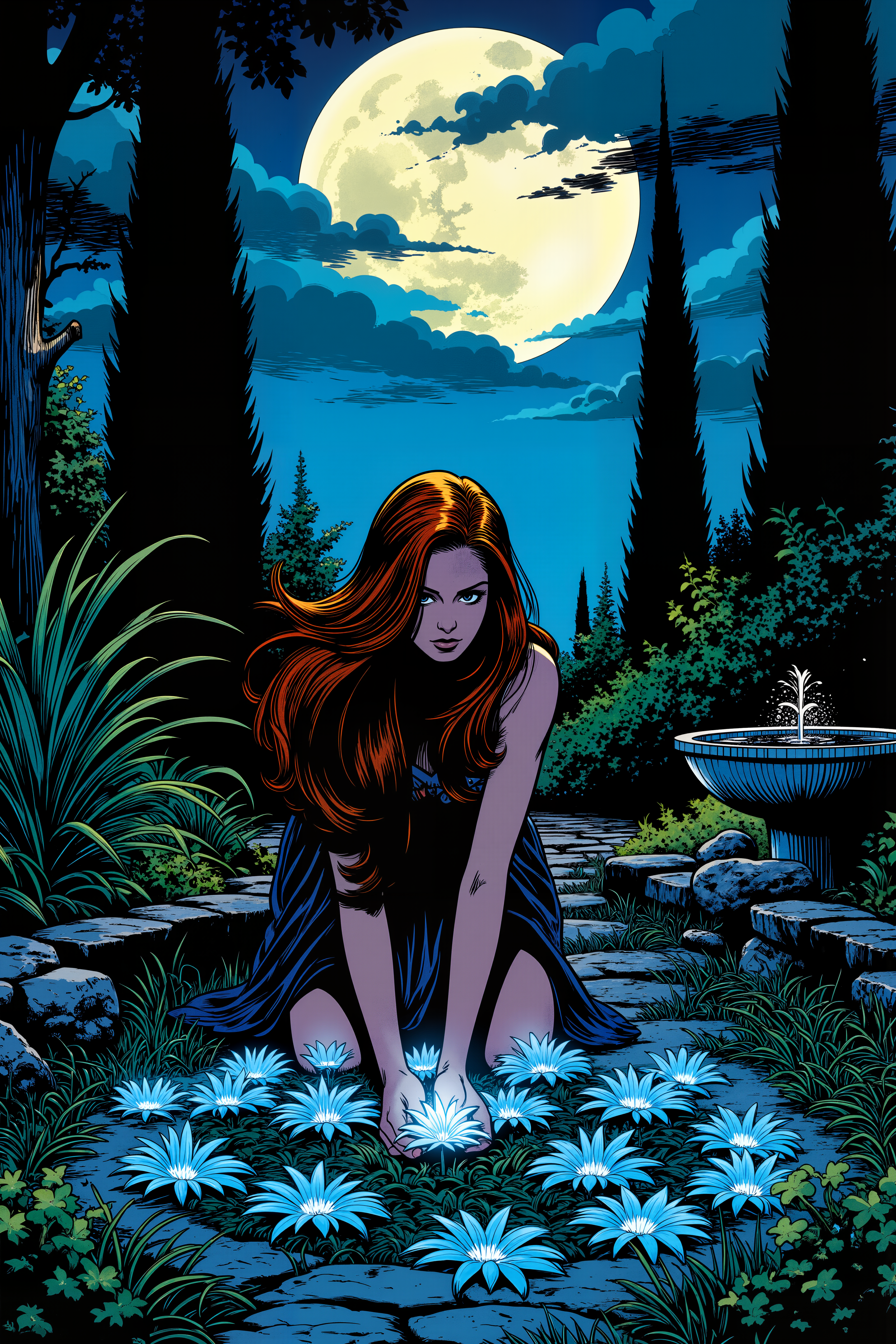 Beneath the silvery light of a full moon, a woman with dark, olive skin and long, flowing auburn hair kneels in her garden, her hands gently arranging a circle of glowing, blue night-blooming flowers. The garden is bathed in soft moonlight, and the flowers, known as "lunar lilies," emit a faint, ethereal glow that illuminates the surrounding plants in shades of blue and silver. Around her, tall cypress trees stand like silent sentinels, their leaves swaying gently in the cool night breeze. The air is filled with the soft rustling of leaves and the distant hoot of an owl, adding to the calm, mystical atmosphere. The womanâs eyes, bright and reflective under the moonâs light, are filled with quiet wonder as she arranges the blossoms in a delicate pattern, creating a living mandala. In the corner of the garden, a small stone fountain gurgles quietly, its sound blending with the whisper of the wind and the soft hum of nocturnal insects. The womanâs connection to her garden feels almost magical, as if she is in tune with the rhythm of the night and the secret language of the plants. The scene is a quiet, moonlit ritual of beauty and harmony. , detailed background  Fantastic lighting. Detailed shadows.intricate details, vivid colors, hyper-detailed, ultra-sharp,meiman_style,This is a retro comic book style digital illustration,  <lora:å¤å¤ç¾æ¼«v2:0.4><lora:Vintage comic book:0.4><lora:RetroAnimeFluxV1:0.15><lora:Greg_Capullo_style:0.4><lora:jeanClaude_Mzires_Style_FLUX-000001:0.4><lora:Flux_Ink_Anime:0.4>