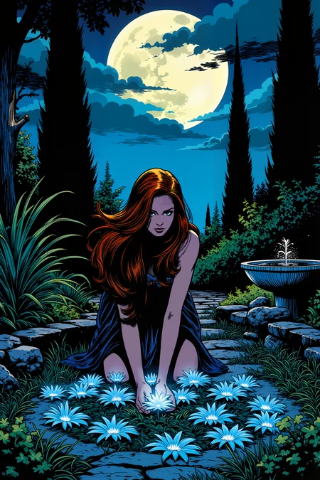 Beneath the silvery light of a full moon, a woman with dark, olive skin and long, flowing auburn hair kneels in her garden, her hands gently arranging a circle of glowing, blue night-blooming flowers. The garden is bathed in soft moonlight, and the flowers, known as "lunar lilies," emit a faint, ethereal glow that illuminates the surrounding plants in shades of blue and silver. Around her, tall cypress trees stand like silent sentinels, their leaves swaying gently in the cool night breeze. The air is filled with the soft rustling of leaves and the distant hoot of an owl, adding to the calm, mystical atmosphere. The womanâs eyes, bright and reflective under the moonâs light, are filled with quiet wonder as she arranges the blossoms in a delicate pattern, creating a living mandala. In the corner of the garden, a small stone fountain gurgles quietly, its sound blending with the whisper of the wind and the soft hum of nocturnal insects. The womanâs connection to her garden feels almost magical, as if she is in tune with the rhythm of the night and the secret language of the plants. The scene is a quiet, moonlit ritual of beauty and harmony. , detailed background Fantastic lighting. Detailed shadows.intricate details, vivid colors, hyper-detailed, ultra-sharp,meiman_style,This is a retro comic book style digital illustration, <lora:å¤å¤ç¾æ¼«v2:0.4><lora:Vintage comic book:0.4><lora:RetroAnimeFluxV1:0.15><lora:Greg_Capullo_style:0.4><lora:jeanClaude_Mzires_Style_FLUX-000001:0.4><lora:Flux_Ink_Anime:0.4>