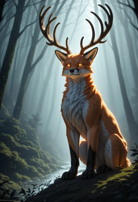 (masterpiece), best quality, Anime, Gold and White Theme, (Ancient Runes, Glowing Runes, Light Refraction), Symphtia-Style, Zyrnox-Exoterra Style, (anthropomorphic fox, furry, fox), deer antlers, large antlers, mystical patterns, dark fantasy character, rugged appearance, majestic primal look, gritty art style, 2.5D art, dark fantasy style, cinematic lighting, moody atmosphere, detailed fur texture, highly detailed, sharp focus, shadowy forest, misty atmosphere, bioluminescent glow, dark forest background, dim lighting, haunting aesthetic