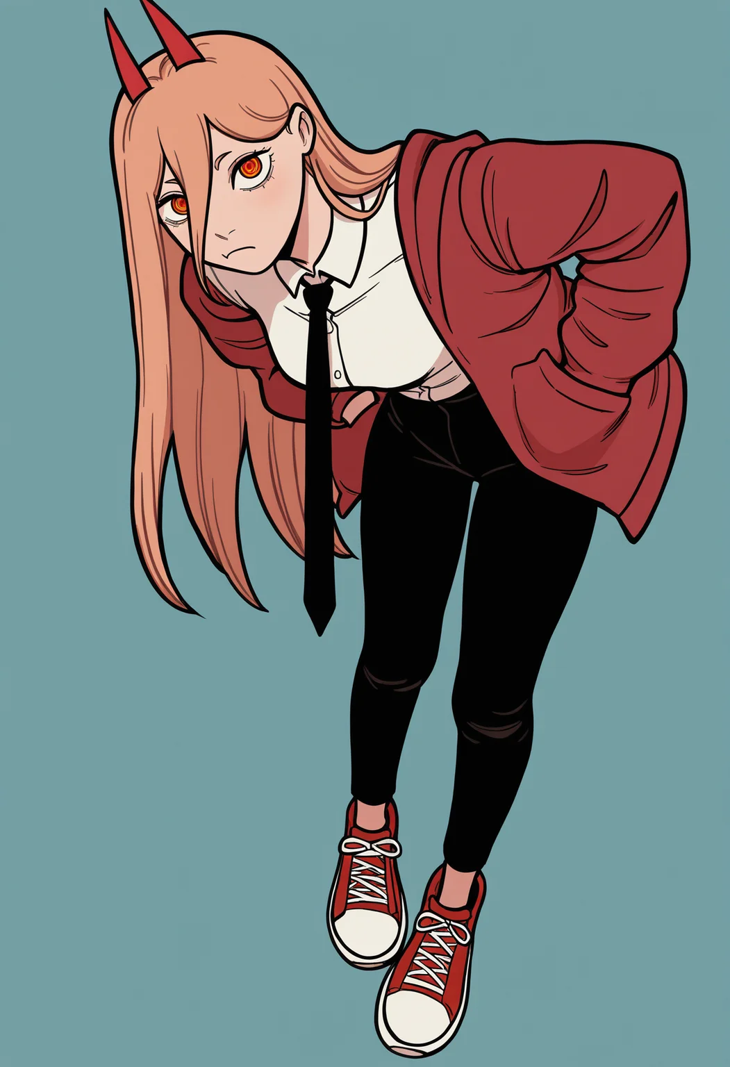 masterpiece, best quality, absurdres, highres, 1girl, black necktie, necktie, solo, long hair, horns, red eyes, shirt, jacket, white shirt, pants, black pants, red footwear, collared shirt, shoes, blonde hair, blue background, simple background, power \(chainsaw man\), hands in pockets, facing viewer, looking at viewer, ringed eyes, leaning forward, close-up, red jacket, from above, upturned eyes,
<lora:forkedtail_ill:1>