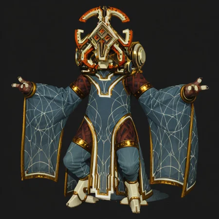 smile, helmet, hooves, robe, black background, 1other, full body, standing, tabard, colored sclera, boots