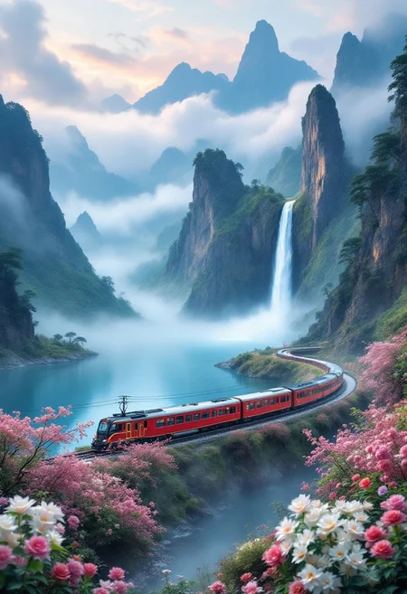 a red train rides among Chinese mountains and fog against the backdrop of a beautiful lake, many flowers, a lava waterfall flows from the mountain