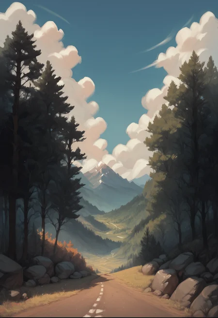 outdoors, scenery, no humans, cloud, mountain, sky, tree, nature, day, forest, landscape, blue sky, road, letterboxed, grass, rock
, <lora:Ri-MIX_A_Illustriousv2-000009:1> rimixa,, looking at viewer,, , score_9, score_8_up, score_8_up,