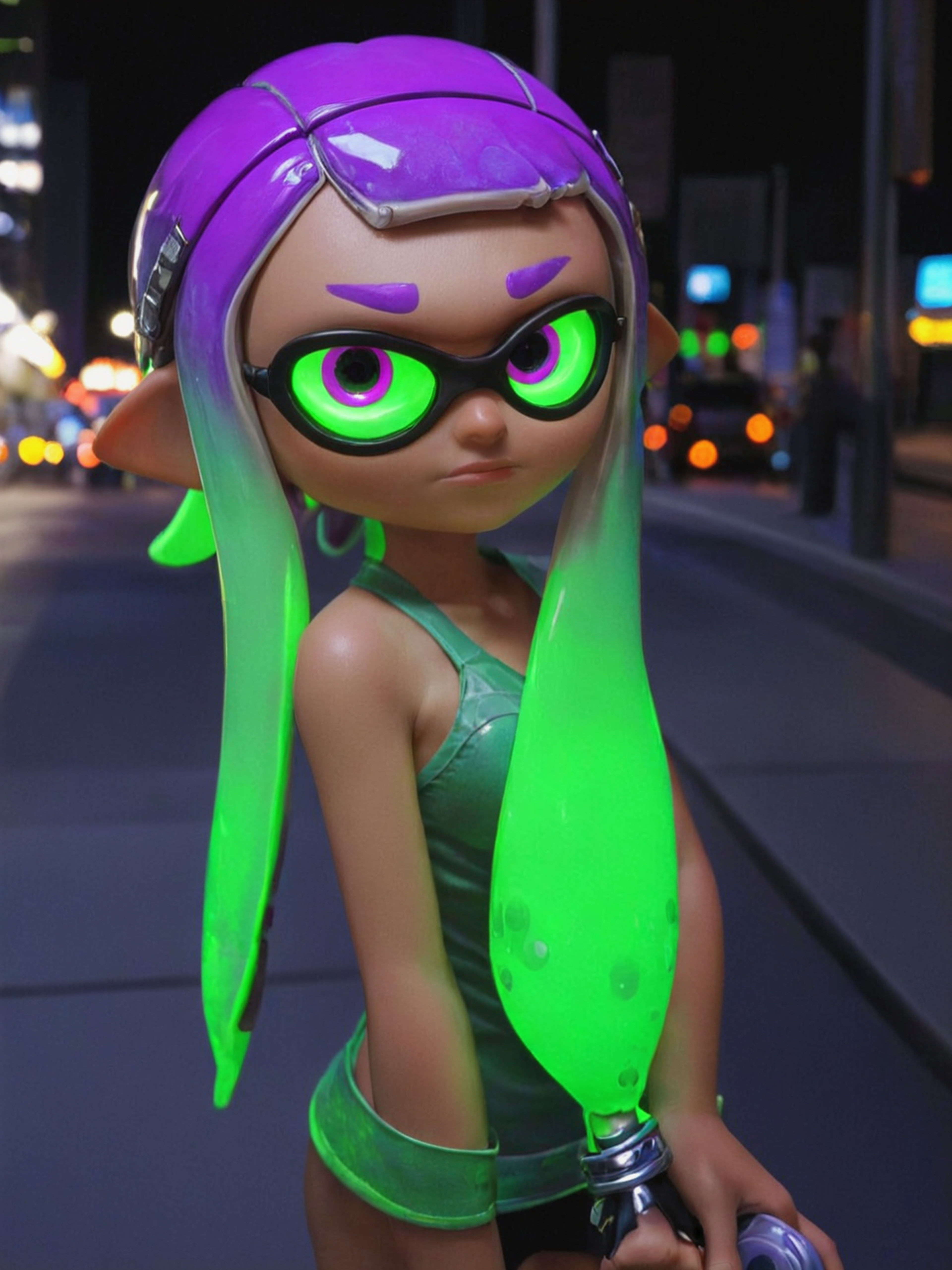 <lora:add-detail-xl:1> <lora:AiArtsChannel_Inkling:1> A close-up of an inklingâs face, green eyes,  purple hair, headphones, sunglasses, in neon city,  at night.