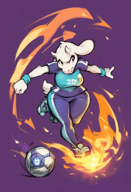 score_9_up, score_8_up, score_7_up, 1girl, toriel, goat snout, purple eyes, horns, fluffy, wide hips, soccer ball, sportswear, soccer uniform, full body, lineart, fire aura, angry