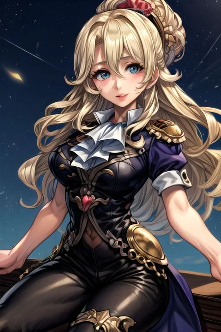 masterpiece, Lily Kokoschka , best quality, best quality, ultra-detailed, highres,sharp focus,(ultra detailed,extremely detailed), 1girl,(masterpiece, best quality), LilyKOKOSCHKA, 1girl, solo, long hair, blonde hair, hair between eyes, uniform, ascot, wavy hair, eyes visible through hair, white ascot, riding pants, hungry clicker,